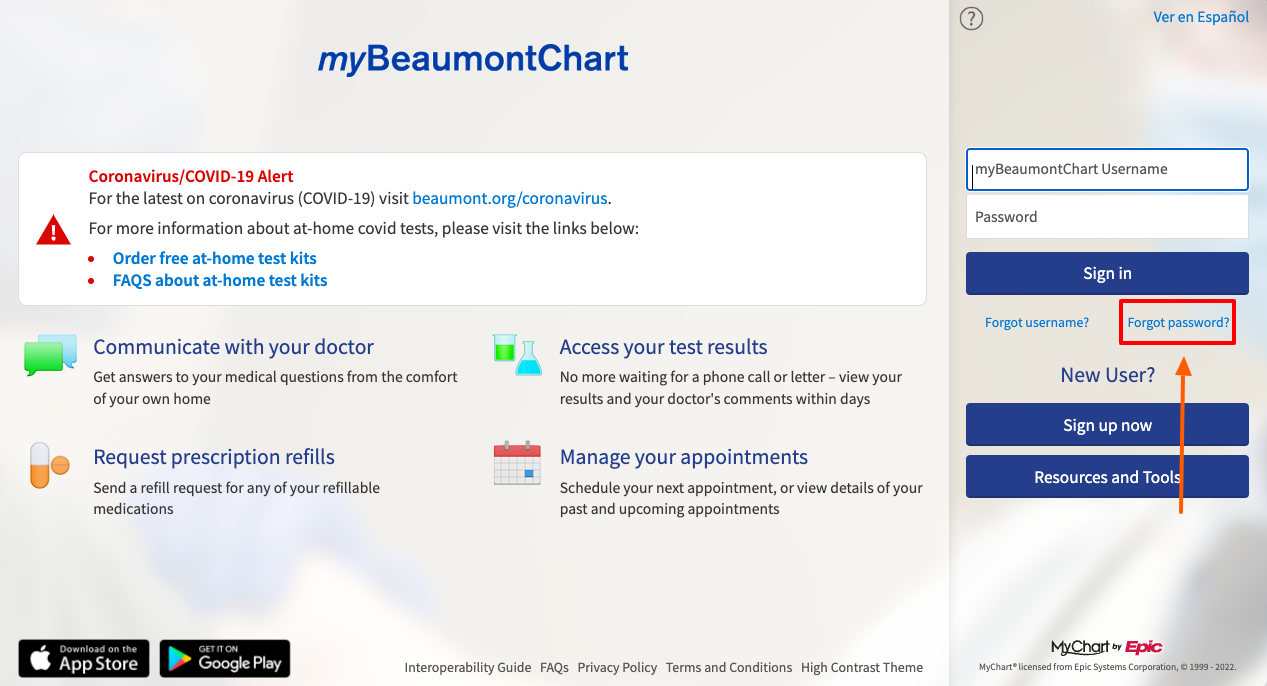 myBeaumontChart forgot password