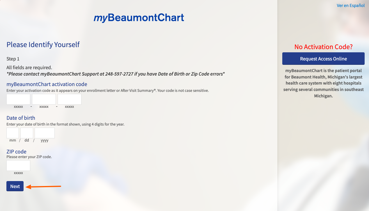 mybeaumontchart sign up page