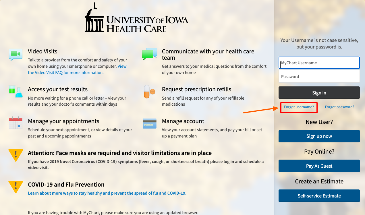 university of iowa mychart forgot username